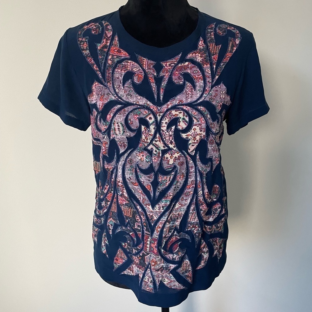 Nicole Miller Blue Multi Ground Silk Paisley Printed Short Sleeve Blouse Euc Xs